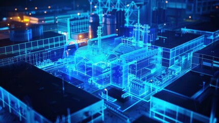 Security with AI smart surveillance at industrial factory and compound, blue highlighted Ai Security, AI generated for Ads