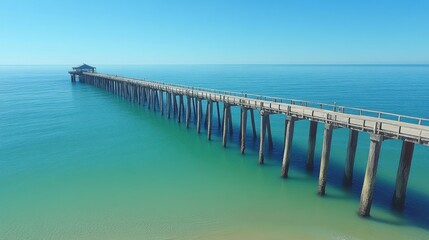 Serene Aerial View of a Long Pier Extending Over Tranquil Blue Ocean Waters on a Clear Sunny Day with Endless Horizon in Sight