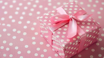 Obraz premium A pink gift box with white polka dots and a pink satin bow on a pink polka dotted background.