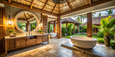 Stylish bathroom featuring wooden cabinets, a sleek sink, washing machine, and elegant lighting, showcasing elegant bathroom interior design.