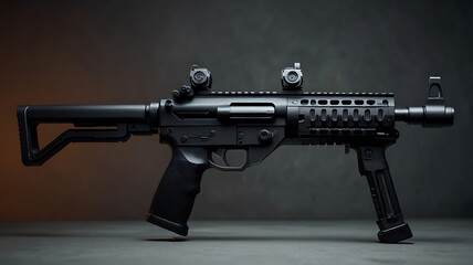 A futuristic gun or assault rifle placed on the gun stand with isolated background and copy space, modern war arms and guns
