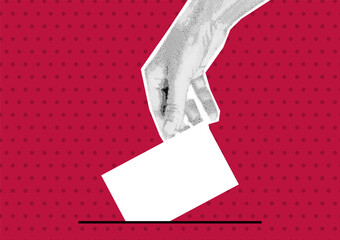 A womans hand puts down a blank white sheet of paper, ballot. Halftone collage banner in retro pop art style. Poster for voting in elections. Trendy vintage vector illustration