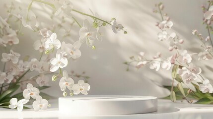 A minimalist, white, round platform with a stem of white orchids hanging over the edge.