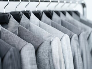 Fototapeta premium Collection of stylish gray suits neatly hung on a rack, perfect for formal events and professional attire needs.