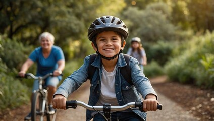 Naklejka premium A young boy wearing a safety helmet and riding his bike on the path with family in the background, smiling at the camera