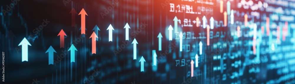 Poster dynamic growth chart with arrows indicating upward trends in a vibrant digital environment.