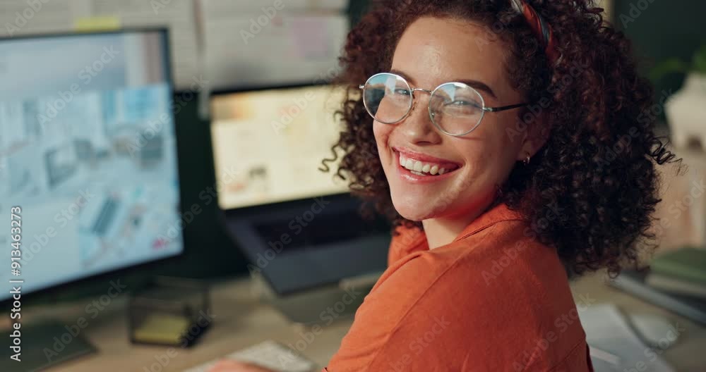 Poster Computer, happy and face of woman for web design in office for user interface, online site and programming. Developer, creative agency and person with laptop for website software, template and ideas
