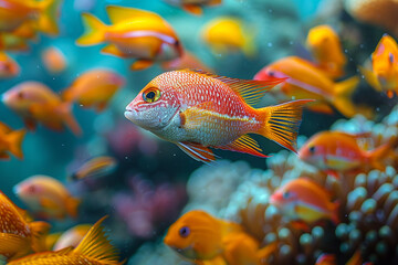 Vibrant fish twirl and glide in coral reefs, showcasing their harmonio