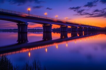 Bridge spanning a serene lake during the blue hour
