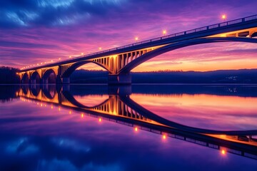 Fototapeta premium Bridge spanning a serene lake during the blue hour