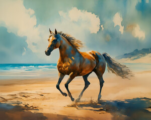 Beach Gallop: AI-Generated Watercolor Painting of a Horse Running