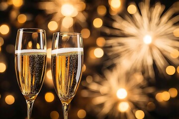 Two champagne flutes filled with sparkling champagne stand in front of a golden blurred background of sparkling lights.