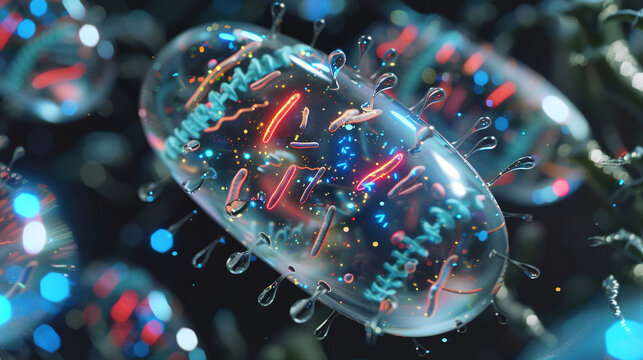 photo realistic hyper realistic clear bacteria with DNA inside