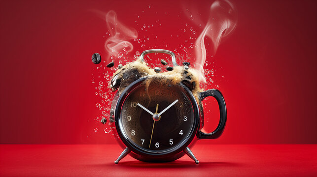 Creative concept of an exploding coffee alarm clock on red background
