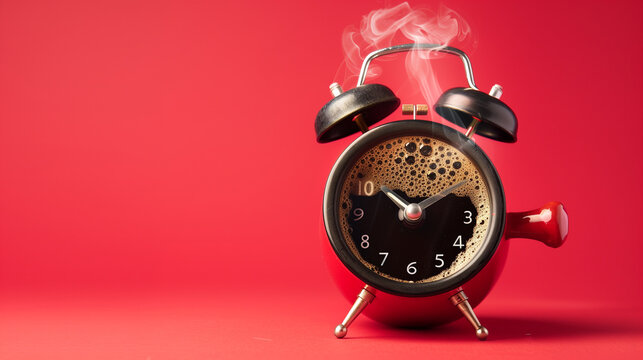 Creative concept of an exploding coffee alarm clock on red background