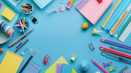 Aerial photograph of stationery items scattered creatively on a blue backdrop, space for copy, crisp and vibrant.