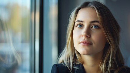 Fototapeta premium Portrait of a Beautiful young woman with blue eyes looking at the camera with a soft smile. The photograph is taken indoors with natural light illuminating the subject.