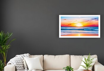 A modern living room with a white sofa, gray walls, and a framed plant artwork on the wall. The room also features potted plants on a shelf and a cozy, minimalist decor