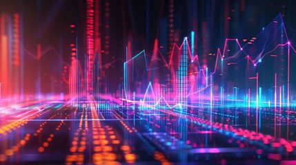 Abstract depiction of financial graphs and charts in neon colors