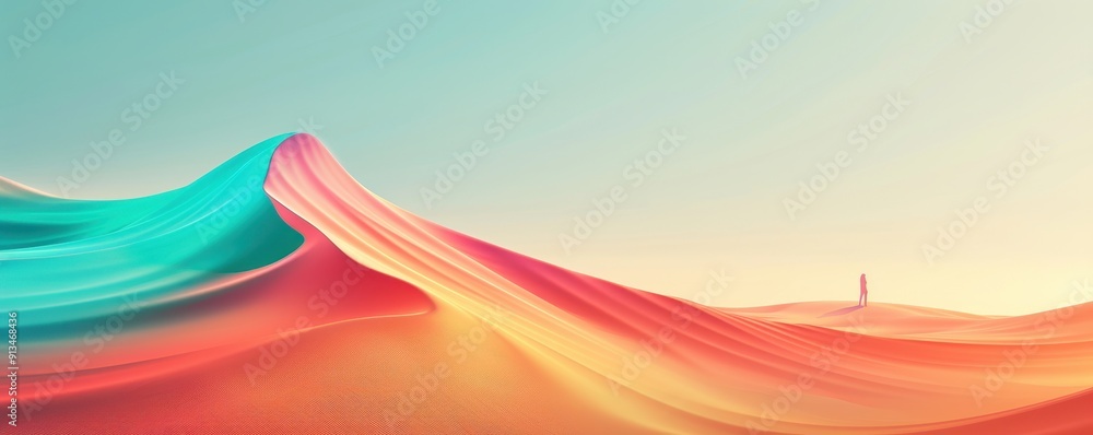 Poster vibrant abstract landscape with flowing colors and soft curves, creating a serene and artistic atmos