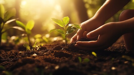 Hands nurturing young plant in soil under warm sunlight, symbolizing growth, care, and environmental conservation.