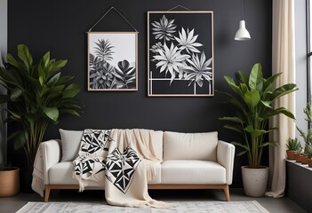 A modern living room with a white sofa, gray walls, and a framed plant artwork on the wall. The room also features potted plants on a shelf and a cozy, minimalist decor