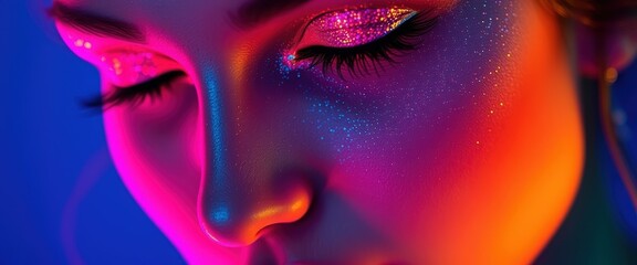 Fototapeta premium Close Up of Woman's Eye with Neon Glitter Makeup.