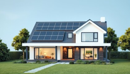 Modern House with Solar Panels on Roof.