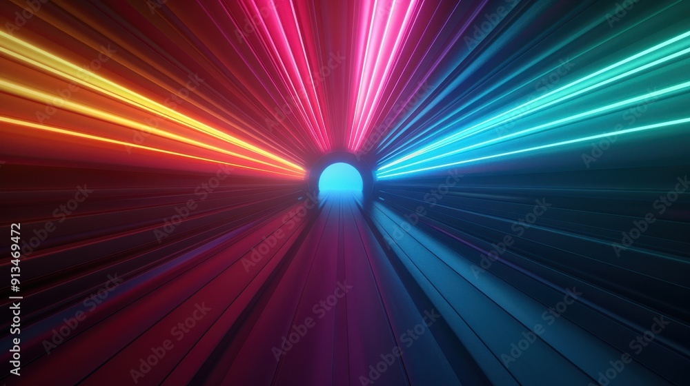 Poster vibrant light beams converge towards a central point, creating a dynamic visual effect that energize