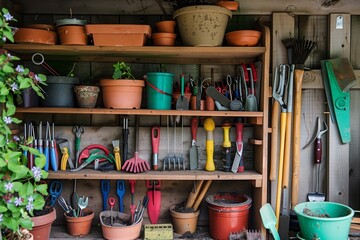 Fototapeta premium A Colorful Collection of Garden Tools and Pots Displayed on Wooden Shelves in a Cozy Shed