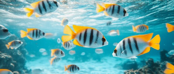 A shoal of tropical fish swimming tightly together, creating a mesmerizing living barrier around a vibrant coral formation, underwater scene