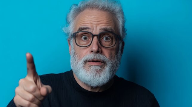 An older man with a surprised expression pointing his finger against a vibrant blue background, conveying urgency and emphasis.