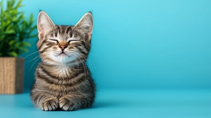 A cute striped kitten sitting happily against a bright blue background, radiating joy and charm in a cozy setting.