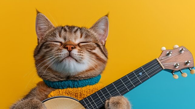 A playful cat strumming a guitar, exuding joy against a vibrant backdrop that adds a lively touch to any design project.