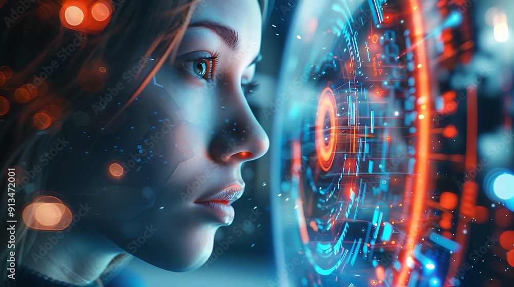 Poster woman gazes intently into a futuristic, glowing interface with intricate lines and patterns, symboli