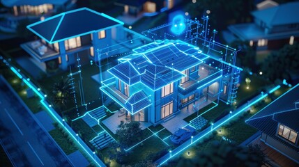 Security with AI smart surveillance at modern houses and compound, blue highlighted Ai Security, AI generated for Ads
