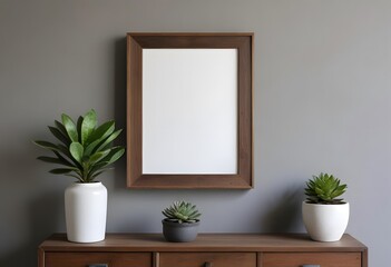 A minimalist living room with vast a wooden frame on the wall, a white sofa, and a wooden side table