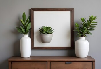 A minimalist living room with vast a wooden frame on the wall, a white sofa, and a wooden side table