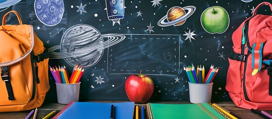 Classroom setup in high definition, chalkboard with space drawings, notebook, colored pencils on left, backpack on right, apple in center, blank text area for product presentation.