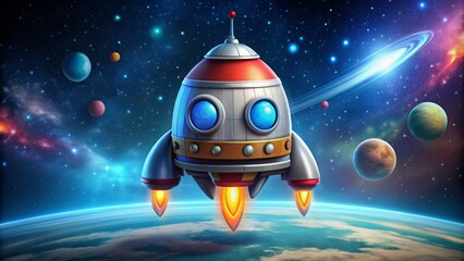 Cartoonish spaceship ready for animated adventures, spacecraft, UFO, extraterrestrial, outer space, exploration