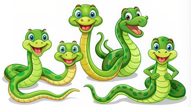 Playful cartoon green snakes in various poses, cartoon, playful, green, snakes, reptiles, cute, funny, animals