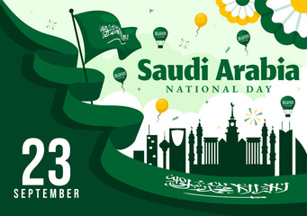 National Day of Saudi Arabia on 23rd September with Kingdom of Saudi Arabia Flag and Cityscape in Flat Background Vector Illustration