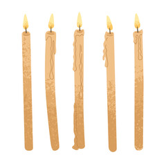 A set of church candles. A symbol of prayer and appeal to God. Wax melting from fire. Cleansing the house from negative energy. Vector illustration isolated on transparent background.