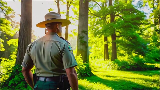 Vibrant Image of Park Ranger in Muted Green Uniform, Viewed from Behind in a Sunlit Forest, Surrounded by Tall Trees and Vivid Foliage