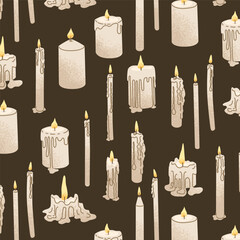 Seamless pattern of burning candles of different shapes. Wax melting from fire. Creating a cozy and romantic atmosphere in the house. Interior decoration and aromatherapy. Vector illustration