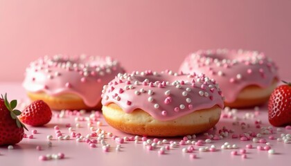 Pink Glazed Donuts with Sprinkles and Strawberries.