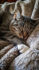 Naklejka premium A tabby cat dozes comfortably on a fluffy blanket in a warm indoor setting