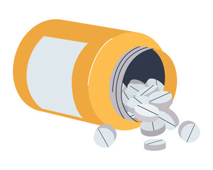 White flat tablets spilled out of the jar. A jar of medicine fell. Flat vector illustration. Eps10