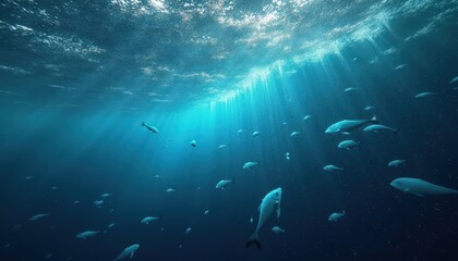 Fototapeta premium Underwater Scene with Fish and Sunlight.