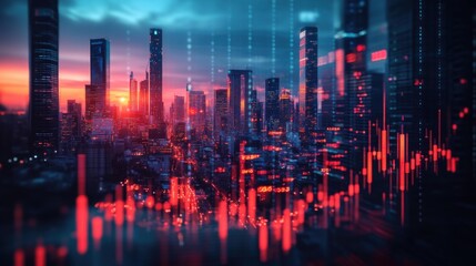 Fototapeta premium Urban Symphony: Cityscape & Stock Market Dance at Sunset